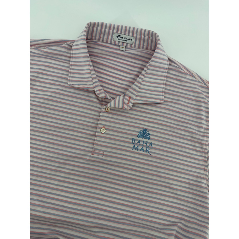 Peter Millar Summer Comfort Baha Mar Striped Polo Shirt Mens XL Pink Blue Golf